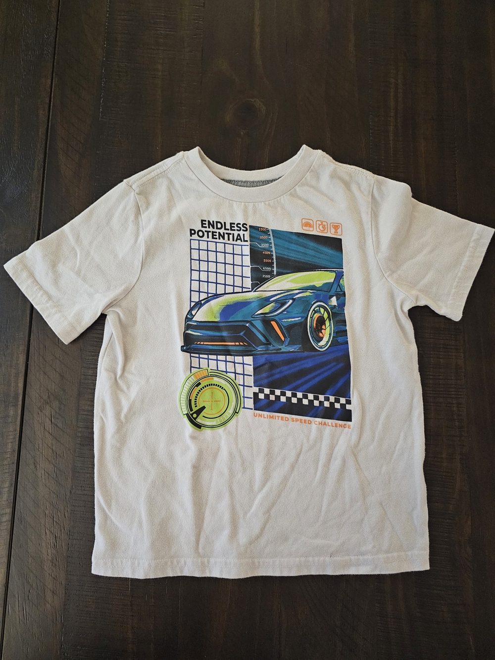 White Tee with Blue and Green Race Car Graphic